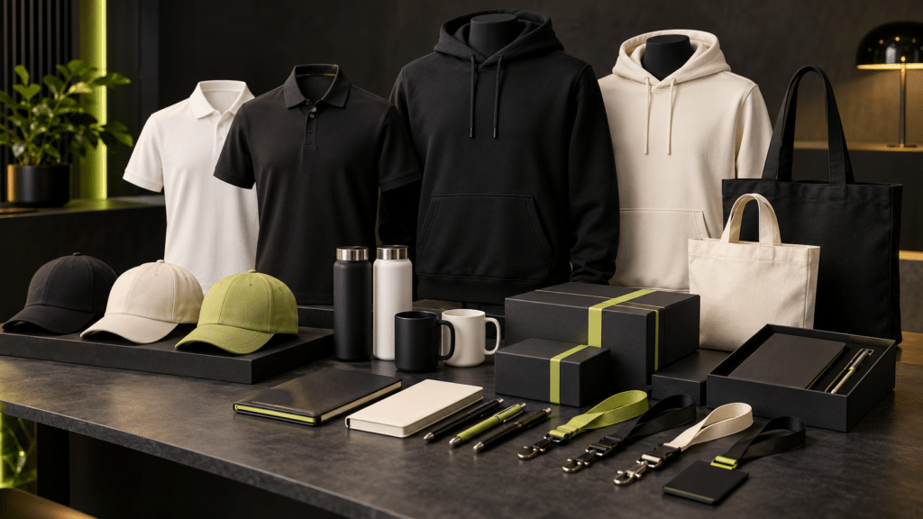 Branded apparel and promotional merchandise collection for businesses