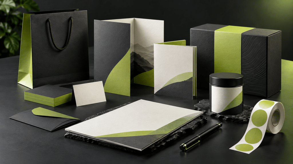 Premium commercial printing and packaging materials for branded business presentation