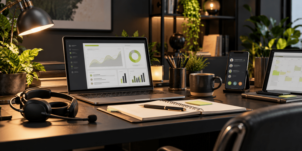 Remote business support team workspace for organized operations